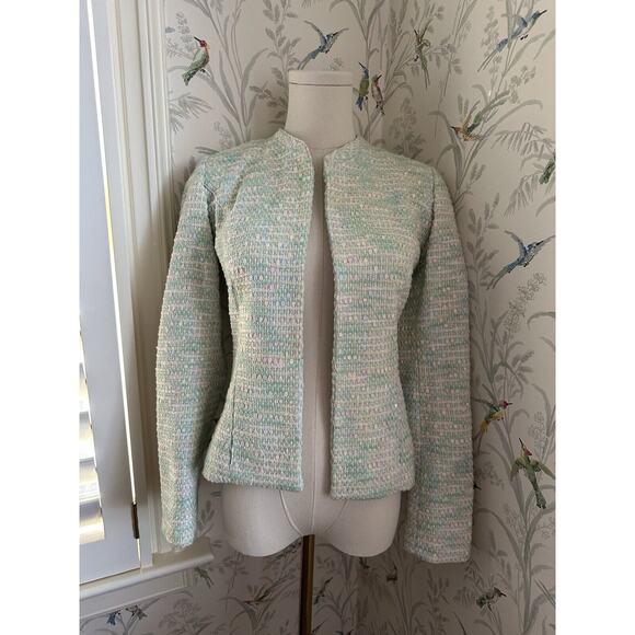 Bernard Zins Paris Tweed Blazer Women’s 4 Green Yellow Jacket Cropped - Picture 1 of 7